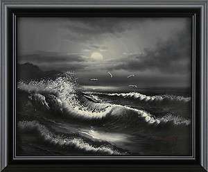 Moonlight Ocean Waves Island Sky Seagulls Moon Sea Art FRAMED 