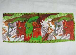 Oblong Silk Chiffon Scarf Painting Green Gallop Horses  