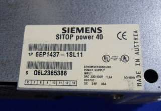 SIEMENS SITOP POWER 40 24V 40A DC POWER SUPPLY 6EP1437 1SL11  
