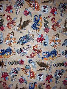 TATTOO SKULL INK HARLEY EAGLE MOTORCYCLE COTTON FABRIC  