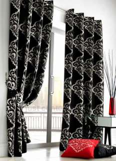 Black Silver Damask Designer Eyelet Lined Curtains  