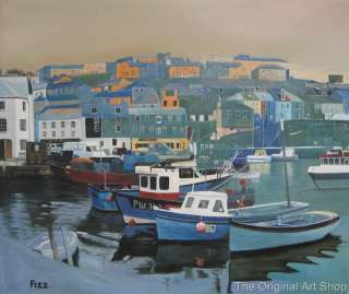 CORNWALL MEVAGISSEY HARBOUR BOATS MODERN ART PAINTING  