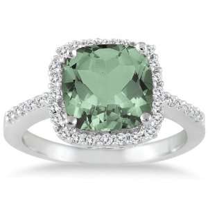   Cut Green Amethyst and Diamond Ring 14K White Gold SZUL Jewelry