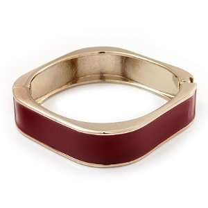 Dark Red Enamel Square Hinged Bangle Bracelet In Gold Plated Metal 
