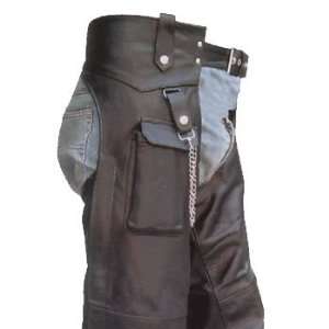 Mens Lined Genuine Cowhide Leather Motorcycle Chaps with Cargo Pocket 