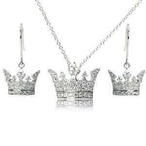   Crown Cubic Zirconia CZ Silver Fashion Earring and Necklace Jewelry