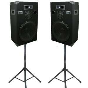  Speakers 15 Three Way Pro Audio Monitor Pair and Stands Set for PA 