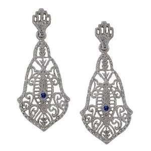   Antique Style Sterling Silver Filigree Sapphire Drop Earrings Jewelry