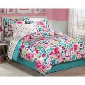  Retro Peace Signs Turquoise Pink Girls Comforter Set: Home & Kitchen