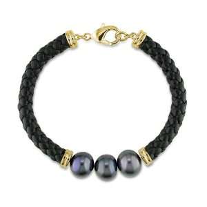  Brass Freshwater Black Pearl Black Leather cord Bracelet Jewelry