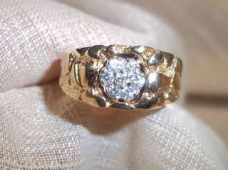 Mens 10k yellow gold nugget diamond cluster ring sz8  