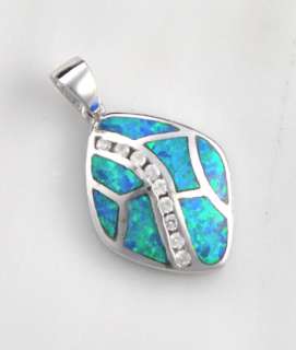 Sterling Silver Blue Opal & CZ Necklace Pendant Jewelry  
