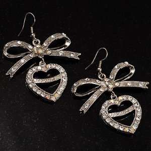  Bow Crystal Open Heart Drop Earrings Jewelry