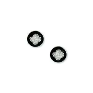 Rhodium nickell free pierced earring with (1) black enamel circle with 