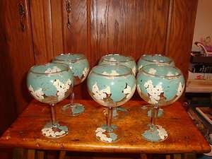 Wine Glasses Glass Goblets Hand Painted Grapes Leaves 6  