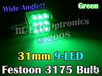 31mm 3175 3022 Festoon Dome 9 LED Car Green Bulb Globe  