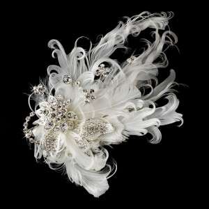   or Ivory Feather Bridal Hair Clip w/ Silver Clear Rhinestones New