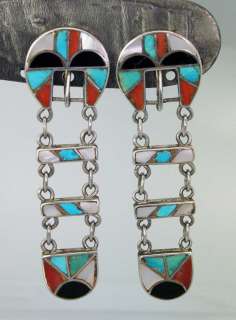 FANTASTIC Old Zuni Indian Turquoise Inlay Silver Ranger Set Earrings 