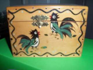 VTG Hand Painted Rooster WOOD RECIPE BOX japan DOVETAIL  