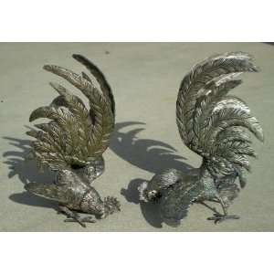Vintage German Silver Fighting Rooster Chicken Statue Figurines 