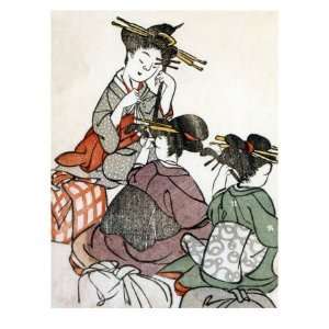  Geishas Giving a Concert, Japanese Wood Cut Print Giclee 