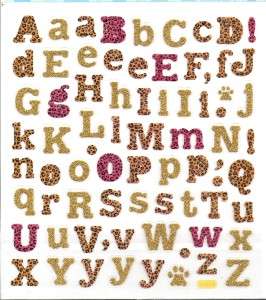 Leopard Alphabet letter stickers w animal print glitter  