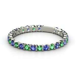 Rich & Thin Band, 18K White Gold Ring with Sapphire & Emerald