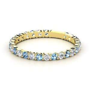 Rich & Thin Band, 14K Yellow Gold Ring with Blue Topaz & Diamond