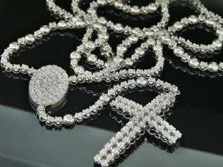 MENS 4C WHITE GOLD FINISH ROSARY DIAMOND CHAIN NECKLACE  