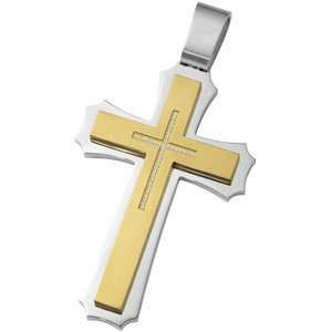 Mens Stainless Steel and Gold Titanium Large Cross Pendant with Czs