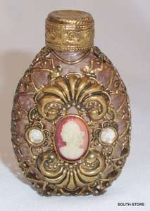 ANTIQUE FILIGREE JEWELED PERFUME BOTTLE w/ CAMEO. CLEAR PINK CRYSTAL 