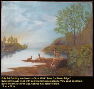 Deer On Rivers Edge * Folk Art Painting on Canvas   Circa 1850 