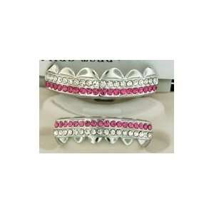  GRILLZ Pink CZ HIP HOP Silver Tone Top and Bottom Mouth 