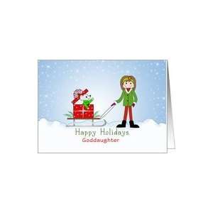  Goddaughter Christmas Card, Girl, Sled, Present, Mouse 