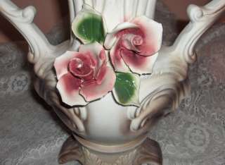 Vintage Capodimonte Handled Urn Vase Pink Roses Italy  