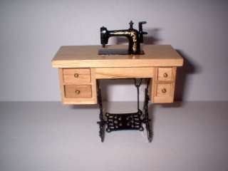Miniature Dollhouse Sewing Machine In Wood Cabinet  