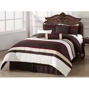   Comforter Set with Brown, White & Burgundy Stripes Queen Size Bedding