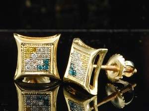   YELLOW GOLD MULTI COLORED DIAMOND PAVE STUDS EARRINGS SQUARE 8MM
