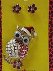 Betsey Johnson Crystal Flower Stud Earrings and Owl Pin