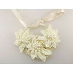   Poinsettia Tri Flower Faux Pearl Bridal Fabric Bib Ribbon Necklace