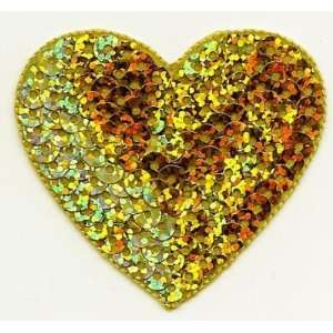  Hearts/Valentines, Gold Sequin Heart Iron On Applique 