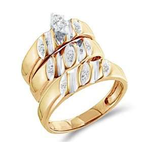 Trio Diamond Rings Bridal Set Engagement Wedding Yellow Gold .17 carat 