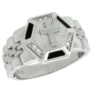  Sterling Silver Mens Watch Band Style Hexagon Ring w/ CZ 